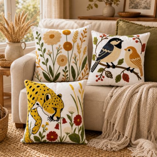 Botanical Birds Embroidered Throw Pillow Cover 18x18 Inches - Pack of 1