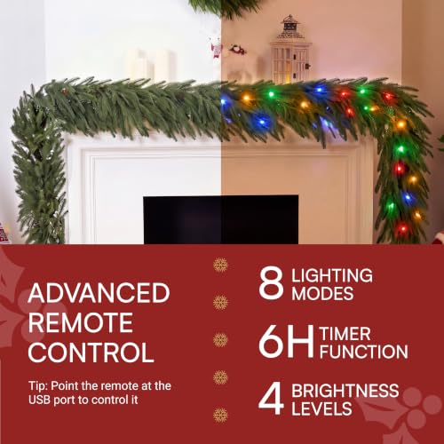 9 FT Christmas Norfolk Pine Garland with Multi Color LED Lights, Remote & Timer