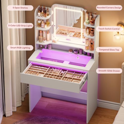 Small Vanity with Tempered Glass Top & RGB Drawer - White, 26.4W