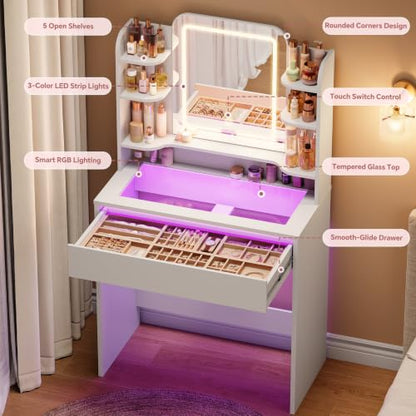 Small Vanity with Tempered Glass Top & RGB Drawer - White, 26.4W