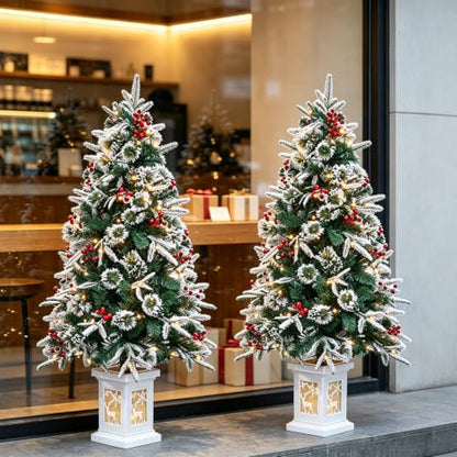 4 Ft Pre-Lit Artificial Christmas Tree with Snow-Flocked Branches & Potted Lantern Base - 1 Pack - Variation of 1 / 4ft