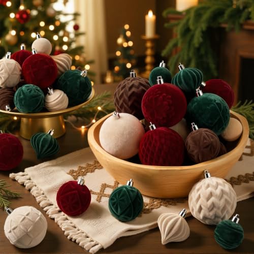 Velvet Christmas Tree Ornaments Set - Red, Green, Gold, Brown - 80pcs with Embossed Patterns