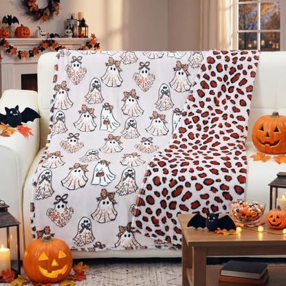 Halloween Leopard Print Ghost Throw Blanket 60x50 Inch - Cozy Reversible Decor