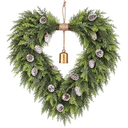 Green Heart Shaped Christmas Wreath with Gold Bells - 22 Inch Holiday Decor