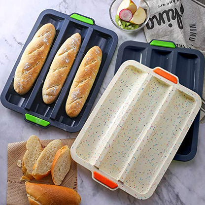 Joyeee Baguette Pans for Baking, French Bread Pans for Baking / 3 Loaf, Silicone Loaf Roll Pan Cake Baking Mold Tray, Non-Stick Baking Hot Dog Mold, Sandwich Mold Bake Tools for Oven, Grey, 34.5 CM