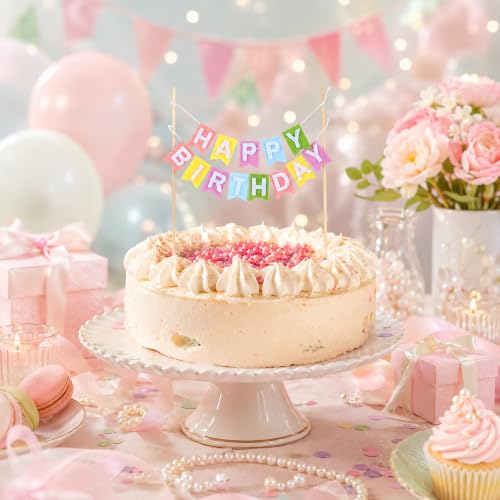 Rainbow Felt Happy Birthday Cake Topper Banner Sign Set for Kids Parties