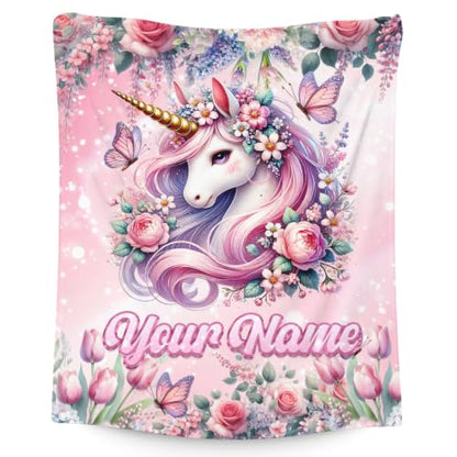Pink Personalized Unicorn Blanket for Girls - Custom Floral & Butterfly Gift