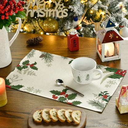 Christmas Holly Pine Cone Placemats Set of 4 - 12x18 Inch Seasonal Table Mats