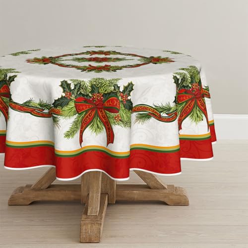Christmas Tablecloth 70x70 Inch Round Poinsettia Gold Ribbon Red Variation