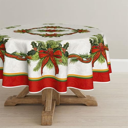 Christmas Tablecloth 70x70 Inch Round Poinsettia Gold Ribbon Red Variation