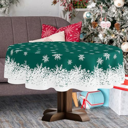 Xmas Tablecloth 70 Inch Round Green Snowflakes Holiday Party Cover - Spillproof & Washable