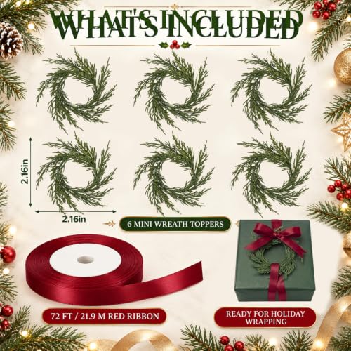 Mini Christmas Wreath Gift Topper Set - Cedar, 6 Pcs 1.97'' Holiday Decor