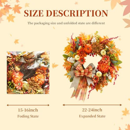 Fall Front Door Wreath 24In with Plaid Bow & Autumn Dahlias - Rustic Decor