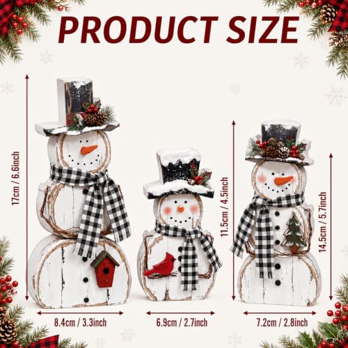 Christmas Snowman Table Decorations Set with Pine Top Hat - Rustic Winter Indoor Decor, 3 Pcs