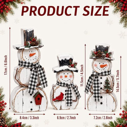 Christmas Snowman Table Decorations Set with Pine Top Hat - Rustic Winter Indoor Decor, 3 Pcs