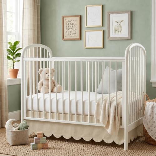 28x52 Inch Oatmeal Beige Crib Skirt with 14-Inch Drop and Scalloped Edges – Nursery Bed Skirt for Standard Cribs (Variation: Oatmeal / 28×52 in / 14 Inches)