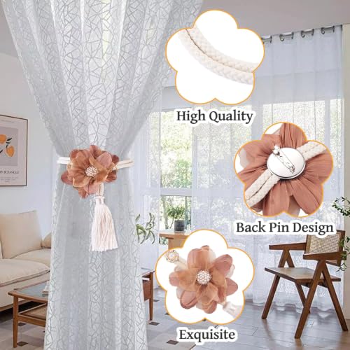 Sandy Brown Amber Flower Curtain Tiebacks with Tassel and Pearl Bead - 2 Pcs