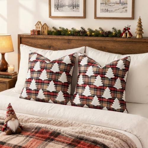 Christmas Pillow Covers 20x20 Set of 2 Khaki Plaid Tuffed Holiday Decor