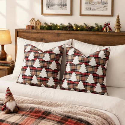 Christmas Pillow Covers 20x20 Set of 2 Khaki Plaid Tuffed Holiday Decor