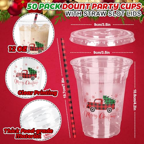 Christmas Party Disposable Plastic Cups with Lids and Straws - 50 Pack