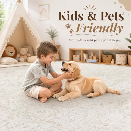 Beige 5' x 7' Washable Rug - Boho Vintage Non-Slip Indoor Carpet for Living Room