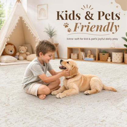 Beige 5' x 7' Washable Rug - Boho Vintage Non-Slip Indoor Carpet for Living Room