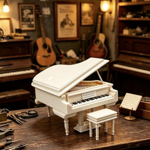 Wooden Music Box with Piano Bench and Black Case - Romantic Gift for Piano Lovers