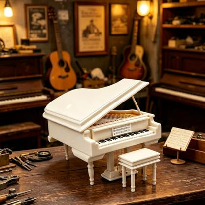 Wooden Music Box with Piano Bench and Black Case - Romantic Gift for Piano Lovers