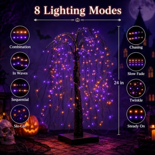 Halloween Black Lighted Willow Tree 24 Inch Tabletop Decor with 192 LED Lights - Purple Orange Lights, 8 Lighting Modes