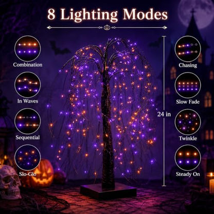Halloween Black Lighted Willow Tree 24 Inch Tabletop Decor with 192 LED Lights - Purple Orange Lights, 8 Lighting Modes
