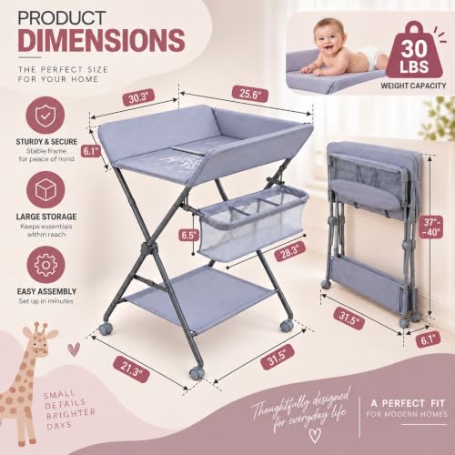 Baby Changing Table with Wheels, Portable Foldable Diaper Station, Adjustable Height Nursery Organizer