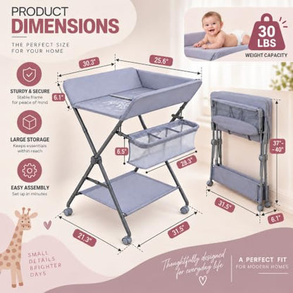 Baby Changing Table with Wheels, Portable Foldable Diaper Station, Adjustable Height Nursery Organizer