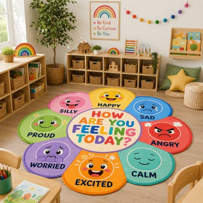 Kids Emotions Classroom Rug - Flower Shape Feelings Chart Floor Mat for Circle Time