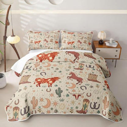Western Cowboy Quilt Set Full Size with Pillowcases - Terracotta Peach & Oat Cream - All Season Rodeo Bedding for Kids & Teens