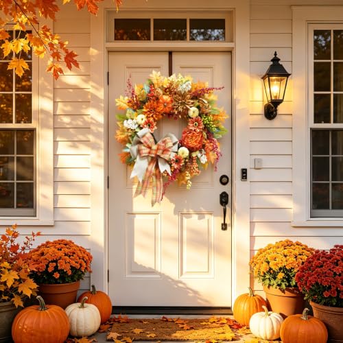 Fall Front Door Wreath 24In with Plaid Bow & Autumn Dahlias - Rustic Decor