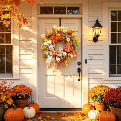 Fall Front Door Wreath 24In with Plaid Bow & Autumn Dahlias - Rustic Decor