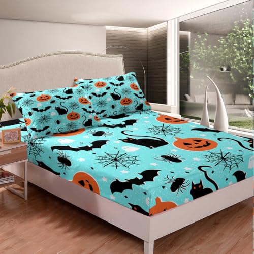 Feelyou Happy Halloween Full Size Bedding Set Decoration Pumpkin Lantern Sheets Set for Kids Boys Girls Spooky Cat Bat Fitted Sheet Teal Blue Bed Sheet Set Collection