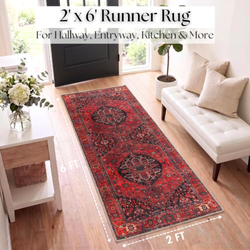 Aura Washable 2x6 Hallway Runner Rug - Turkish Boho Style, Burgundy Red Rust