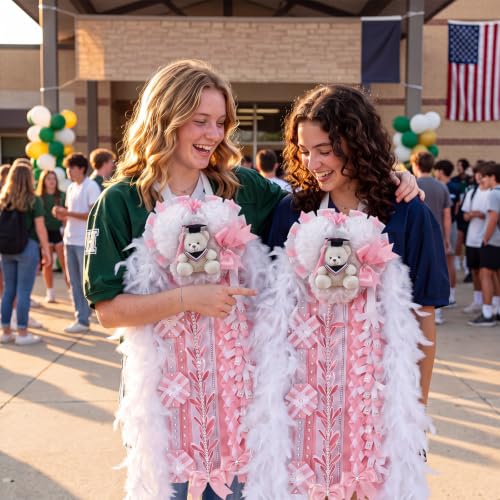 47-Inch Pink and White Homecoming Mum with Teddy Bear Bow & Ribbon