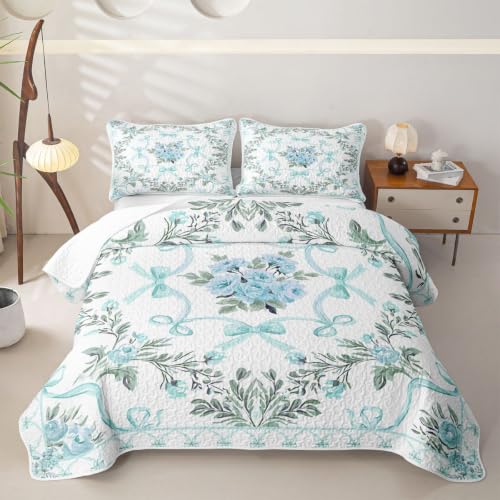 Light Blue Full Size Quilt Set with Floral Print - All Season Bedding for Kids & Teens