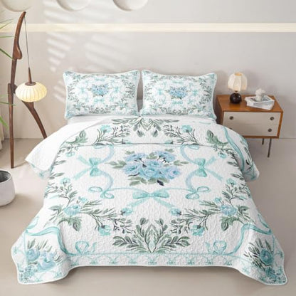 Light Blue Full Size Quilt Set with Floral Print - All Season Bedding for Kids & Teens