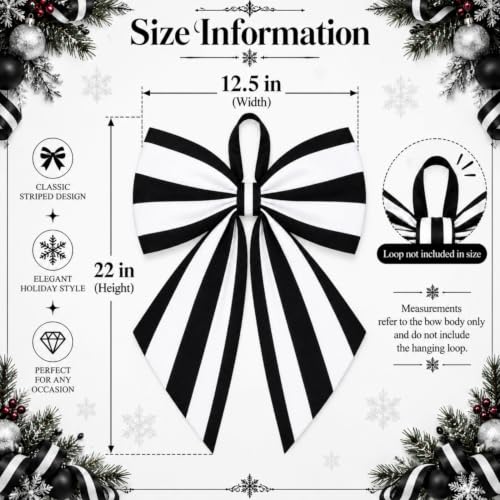 Black and White Striped Christmas Tree Topper Bow - 22 x 12.5 Inch, Satin, Holiday Decor, Variation: Stripe