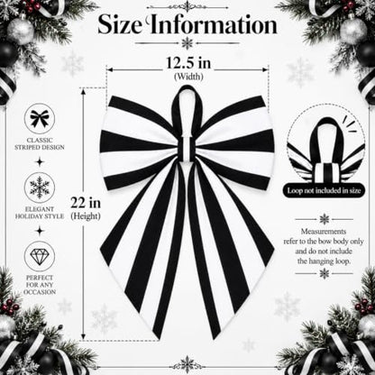 Black and White Striped Christmas Tree Topper Bow - 22 x 12.5 Inch, Satin, Holiday Decor, Variation: Stripe