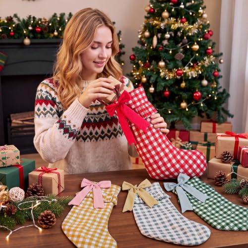 Christmas Gingham Stockings with Bow Set - 18 Inch Holiday Decor, Red, Green, Yellow & Gray