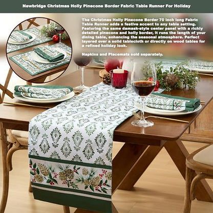 Christmas Holly Pinecone Border Fabric Tablecloth 60 x 84 Inch Oval - Holiday Green & White