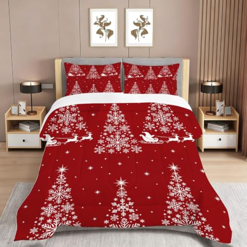 Queen Christmas Tree Comforter Set with Santa Snowflakes Kids Bedroom Decor - CERYUEE