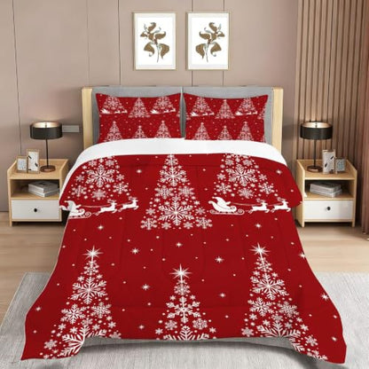 Queen Christmas Tree Comforter Set with Santa Snowflakes Kids Bedroom Decor - CERYUEE