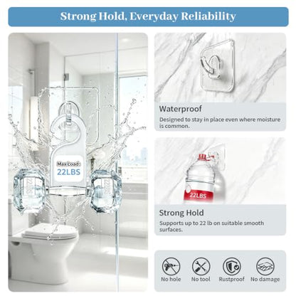 Heavy Duty Waterproof Adhesive Hooks 22 LB Max No Drill Reusable Clear Wall Hooks - 20 Pack