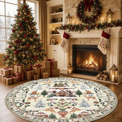 Cabin Tales Beige Round Christmas Rug 6ft for Living Room - Washable Holiday Decor