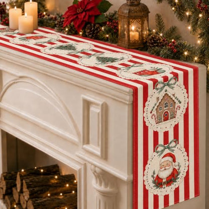 Christmas Table Runner Santa Gingerbread 13x72 Inch - Red Stripe Variation